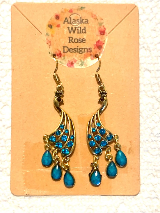 Source Unknown Jewelry - Gold-Tone Contemporary Peacock Earrings with Deep Teal Teardrops